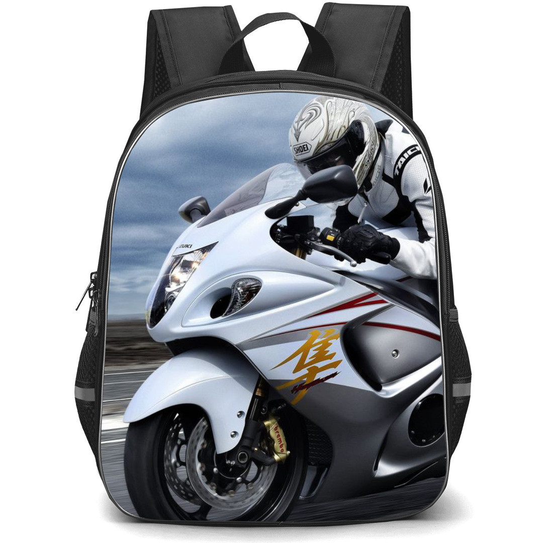Motorbike Suzuki Backpack StudentPack - Motorbike Suzuki Hayabusa White Running Poster