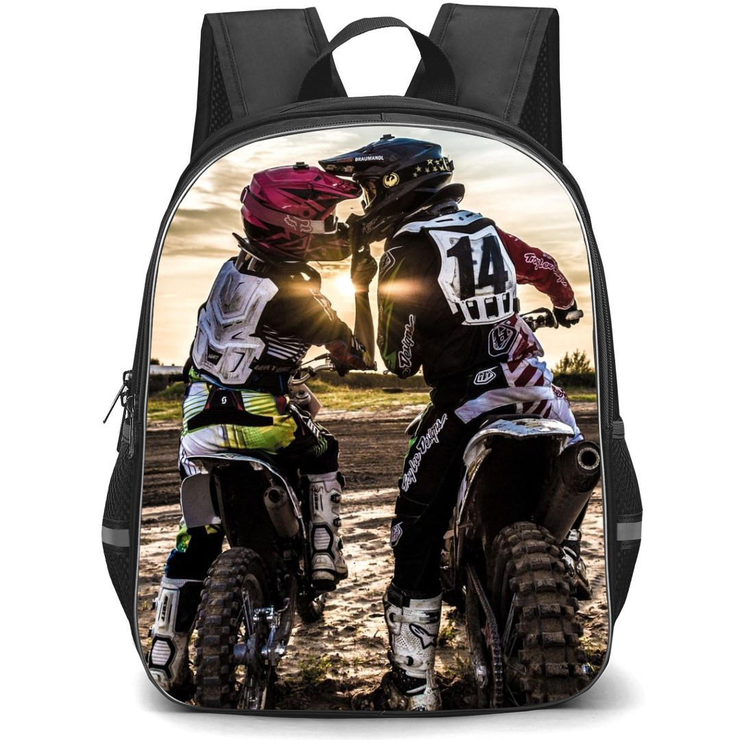 Motocross Backpack StudentPack - Motocross Dirtbiker Couple On Sunset Poster