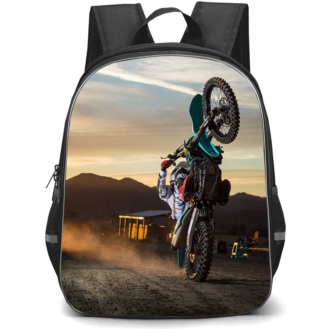 Motocross Backpack StudentPack - Motocross Dirtbiker Wheelie On Valley Background