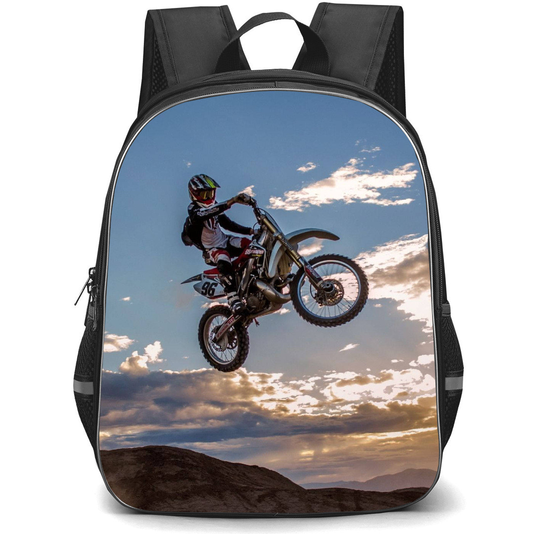 Motocross Backpack StudentPack - Motocross Dirtbiker Jumping Over The Mountain Poster