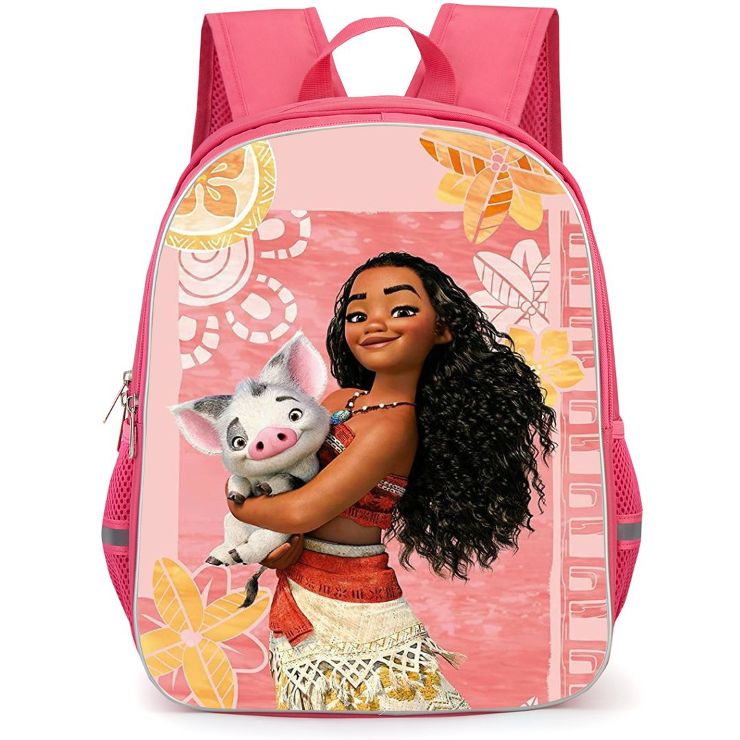 Moana Backpack StudentPack - Moana Holding Pua Flower Pattern Pink background