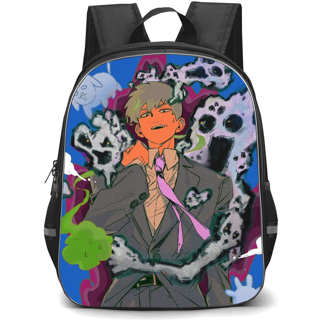 Mob Psycho 100 Arataka Reigen Backpack StudentPack - Arataka Reigen With Spiritual Xinlong Anime Art On Blue Background