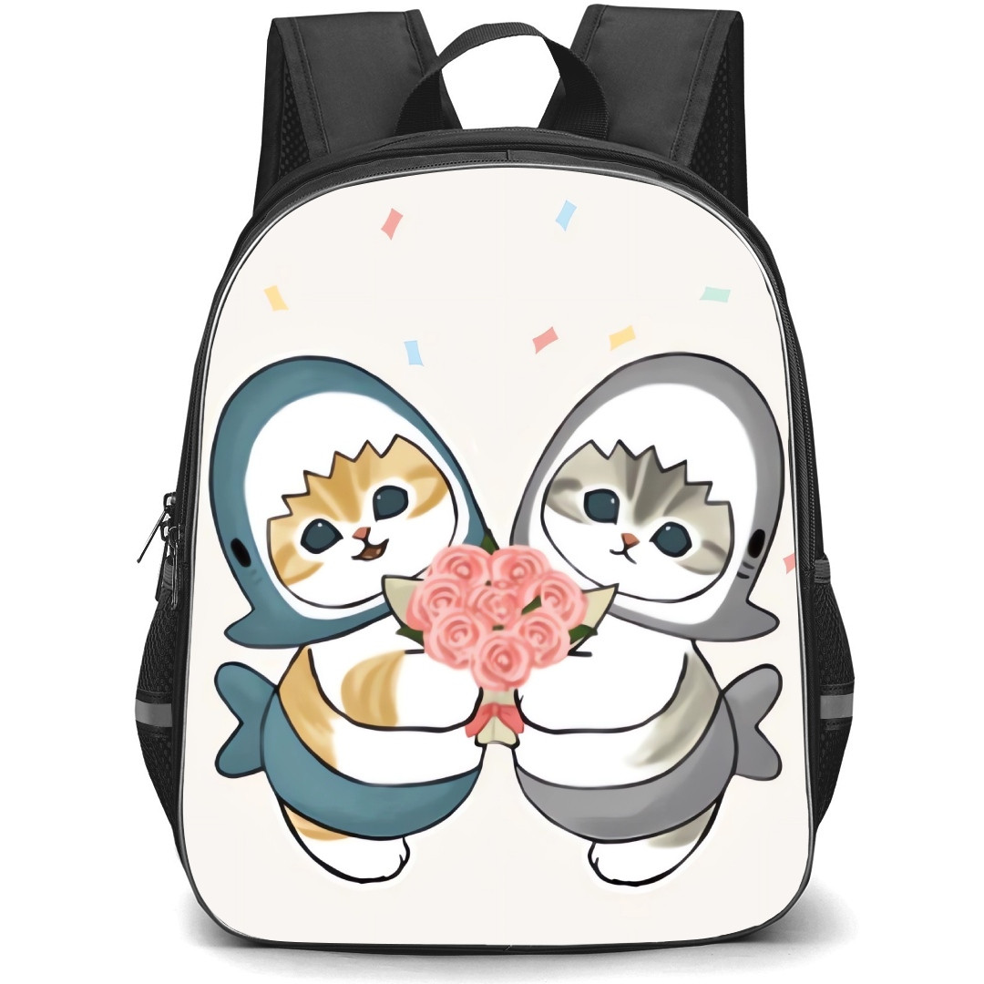 Mofusand School Backpack StudentPack - Shark Cat Holding Flowers Illustration