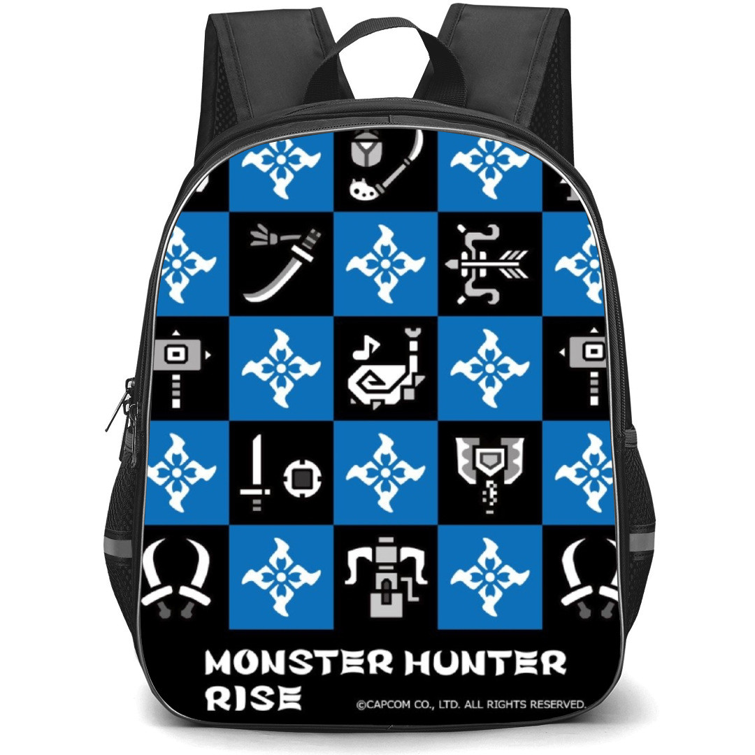 Monster Hunter Backpack Student Pack - Blue And Black Icons Pattern Art