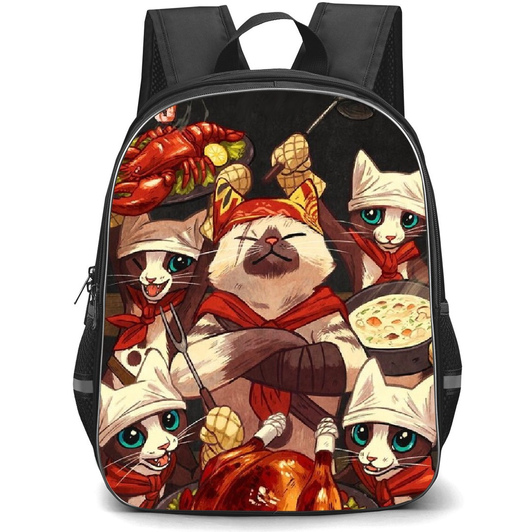 Monster Hunter Felyne Backpack Student Pack - Felyne Chef Poses Holding Chicken Illustration
