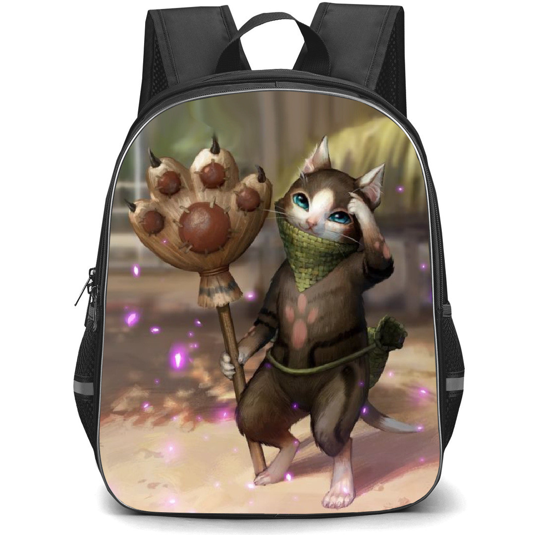 Monster Hunter Felyne Backpack Student Pack - Felyne Holding Broom 3D Illustration