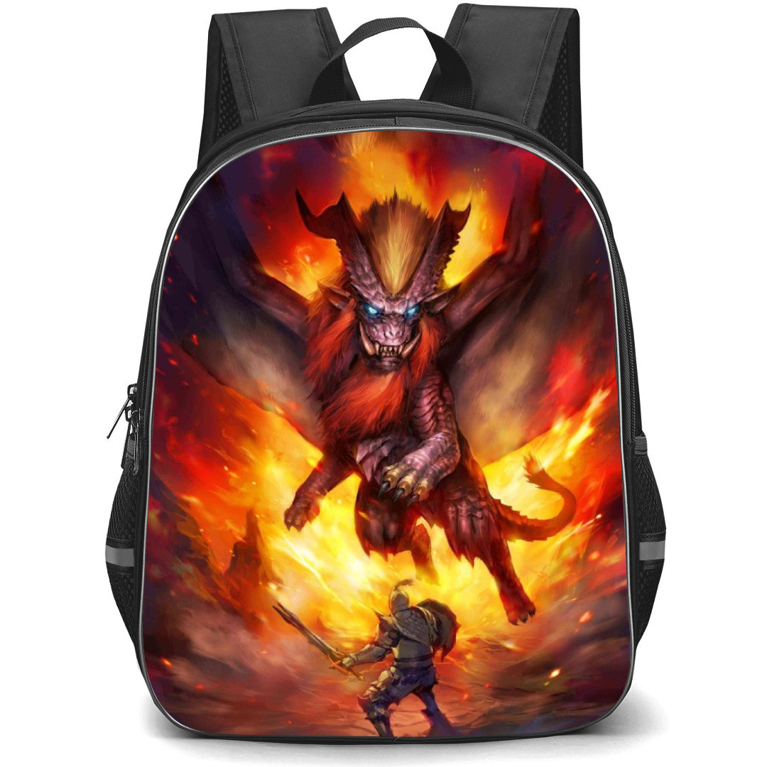 Monster Hunter Teostra Backpack Student Pack - Teostra Versus Human Flame Background