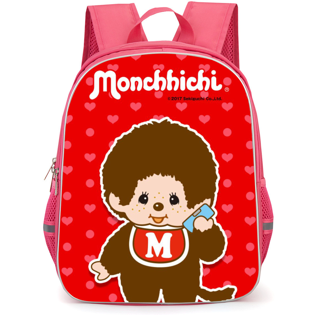 Monchhichi Backpack StudentPack - Monchhichi Brown Doll Carry Cellphone with Red Heart Background