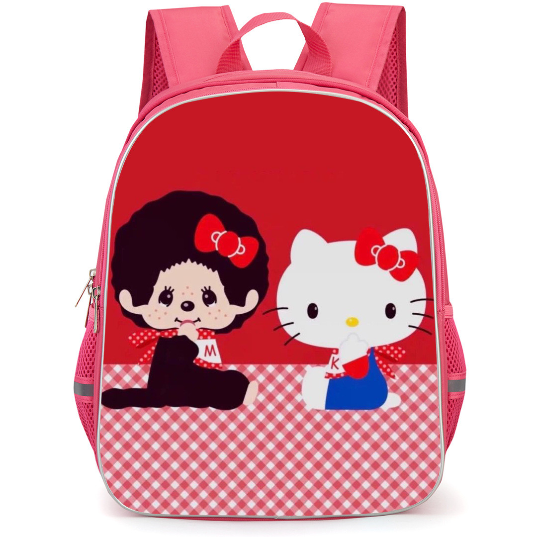 Monchhichi Backpack StudentPack - Monchhichi Doll Sitting with Cute Kitty, Red and Check Background