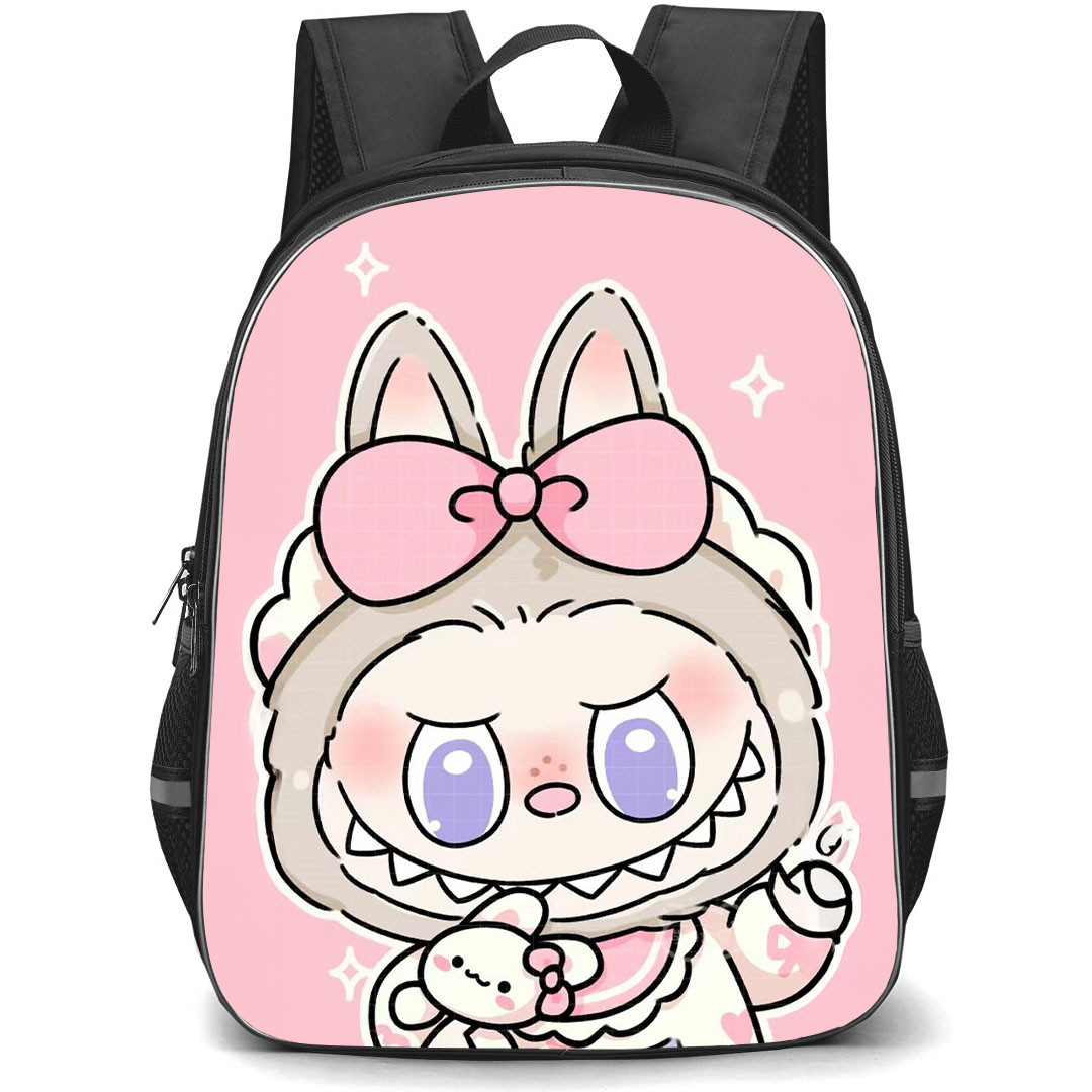 The Monsters Labubu Pop Mart Backpack StudentPack - The Monsters Labubu Cartoon Portrait On Pink Background