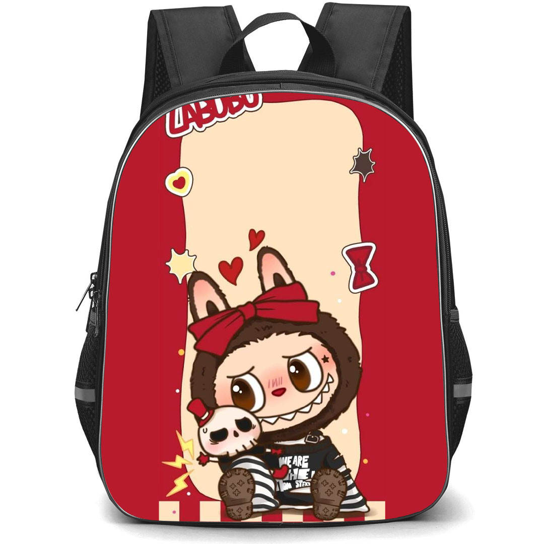 The Monsters Labubu Pop Mart Backpack StudentPack - The Monsters Labubu Cute Sitting Drawing On Red Background