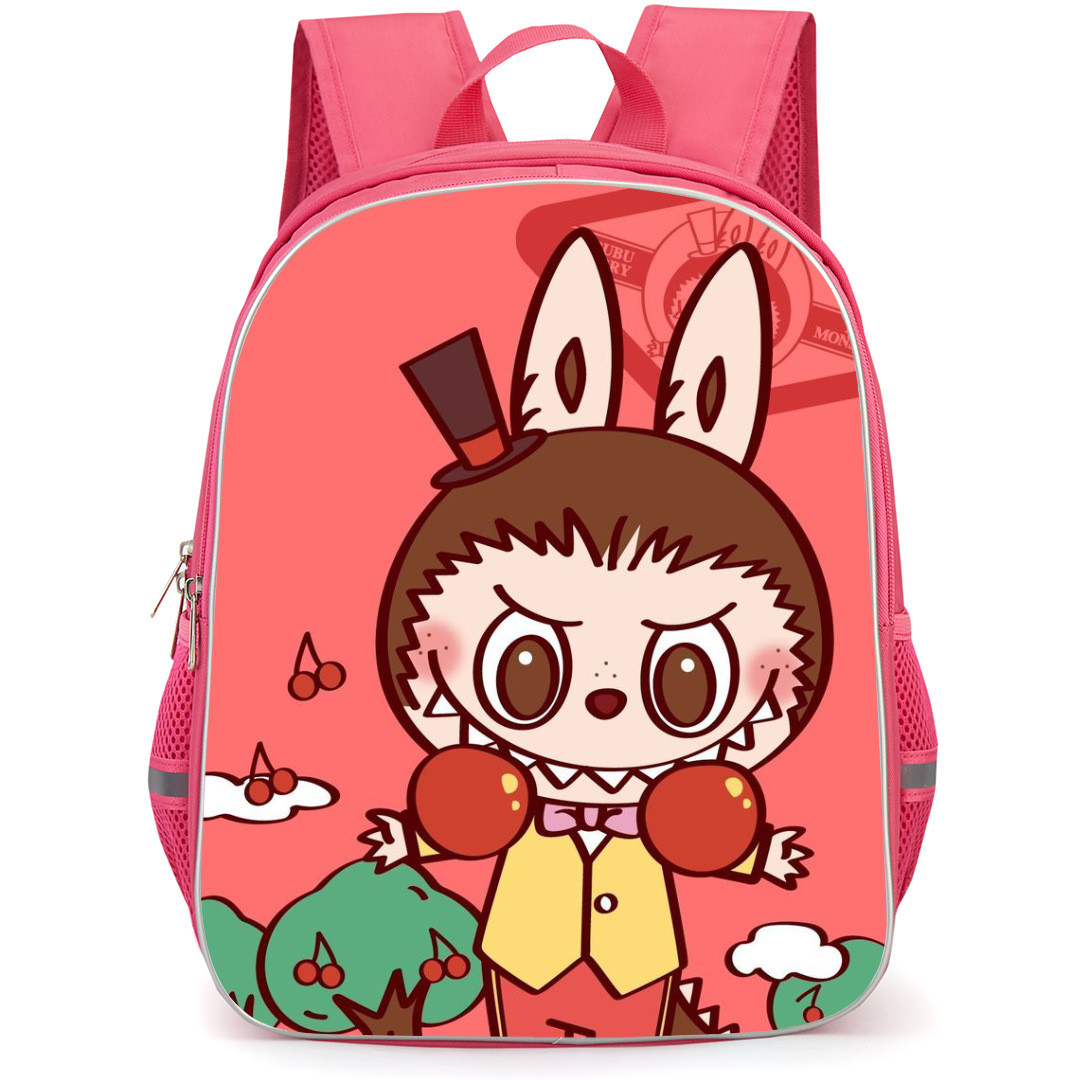 The Monsters Labubu Pop Mart Backpack StudentPack - Holding Cherries Red Background