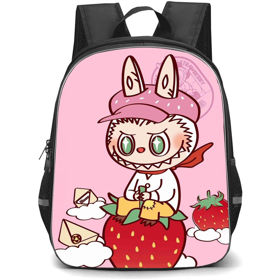 The Monsters Labubu Pop Mart Backpack StudentPack - The Monsters Labubu Strawberry Illustration Art On Pink Background