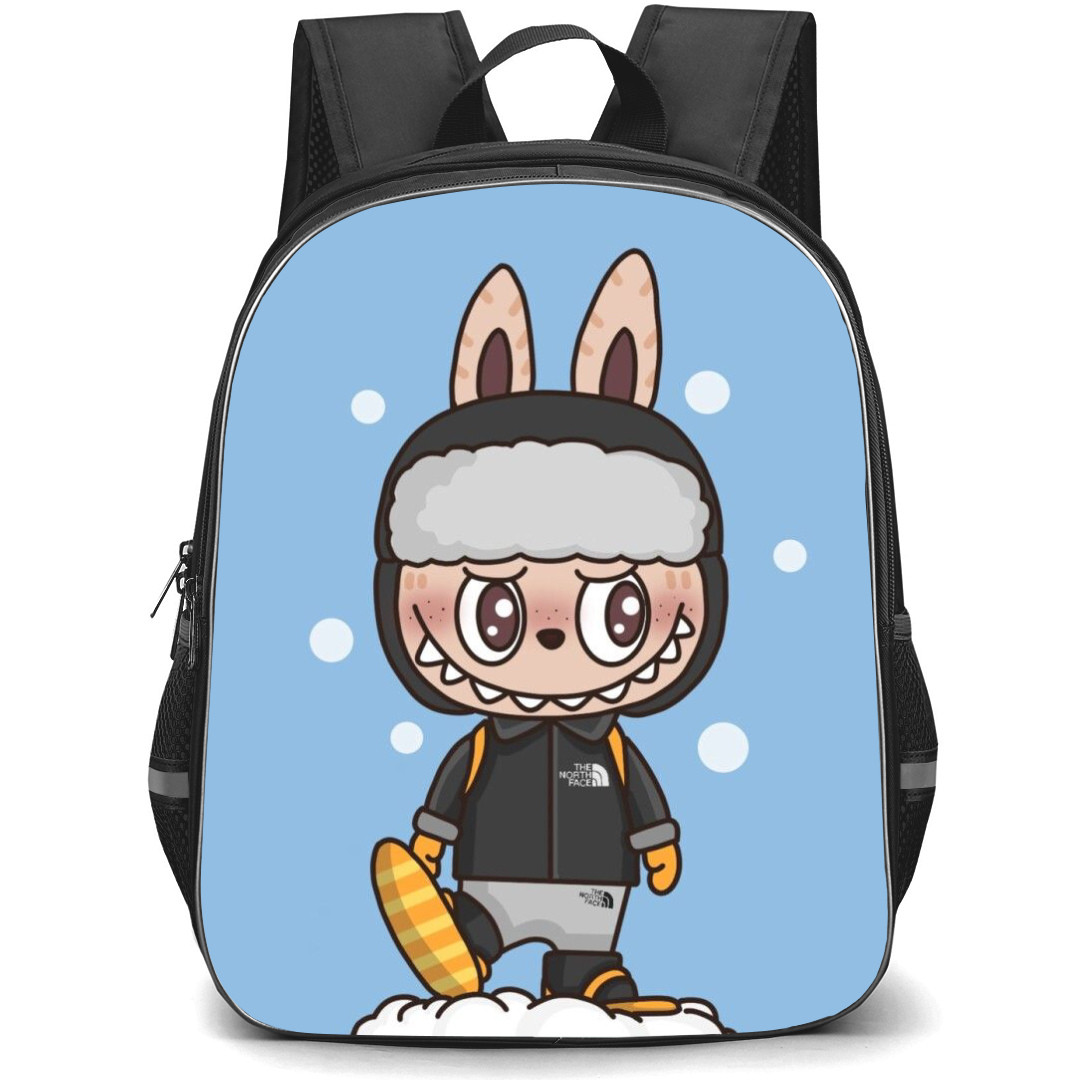 The Monsters Labubu Pop Mart Backpack StudentPack - The North Face Jacket Blue Background