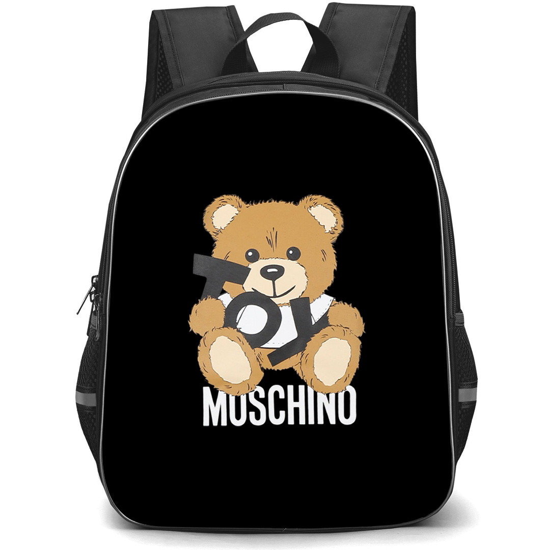 Moschino Backpack School Bag StudentPack - Moschino Cute Brown Teddy Bear Holding Large Black TOY Text Sticker