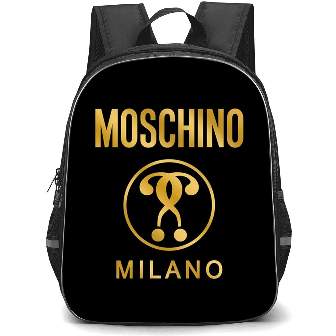Moschino Backpack School Bag StudentPack - Moschino Milano Gold Luxury Logo On Black Background