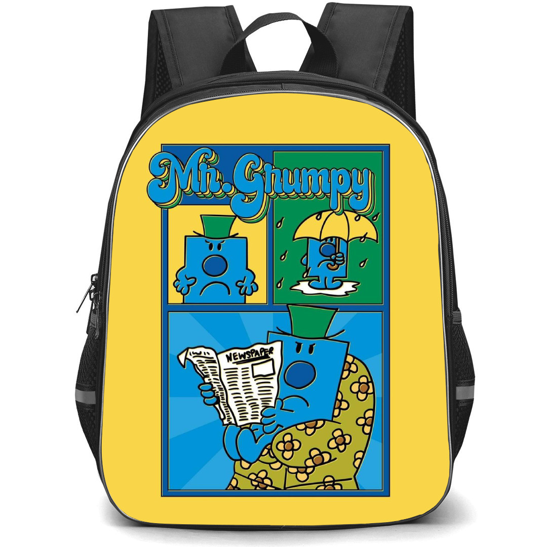 Mr Men Little Miss Mr. Grumpy Backpack StudentPack - Mr. Grumpy Blue Illustration Art On Yellow Background