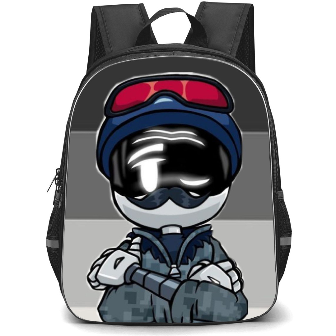 Murder Drones Khan Doorman Backpack StudentPack - Khan Doorman Wear Helmet And Goggles Illustration Art On Gray Background