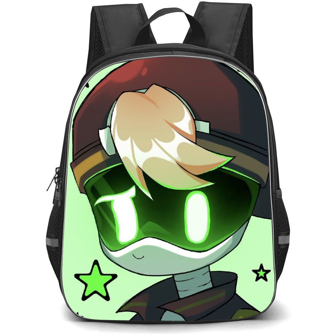 Murder Drones Thad Backpack StudentPack - Thad With Green Eyes Surrounded By Stars On Green Background