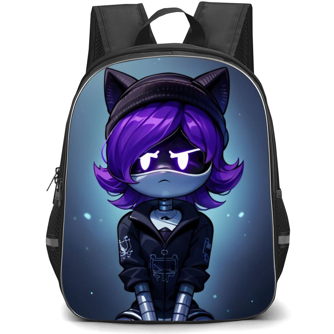 Murder Drones Uzi Backpack StudentPack - Uzi Sitting On Ground With Purple Hair And Eyes Glowing Poster