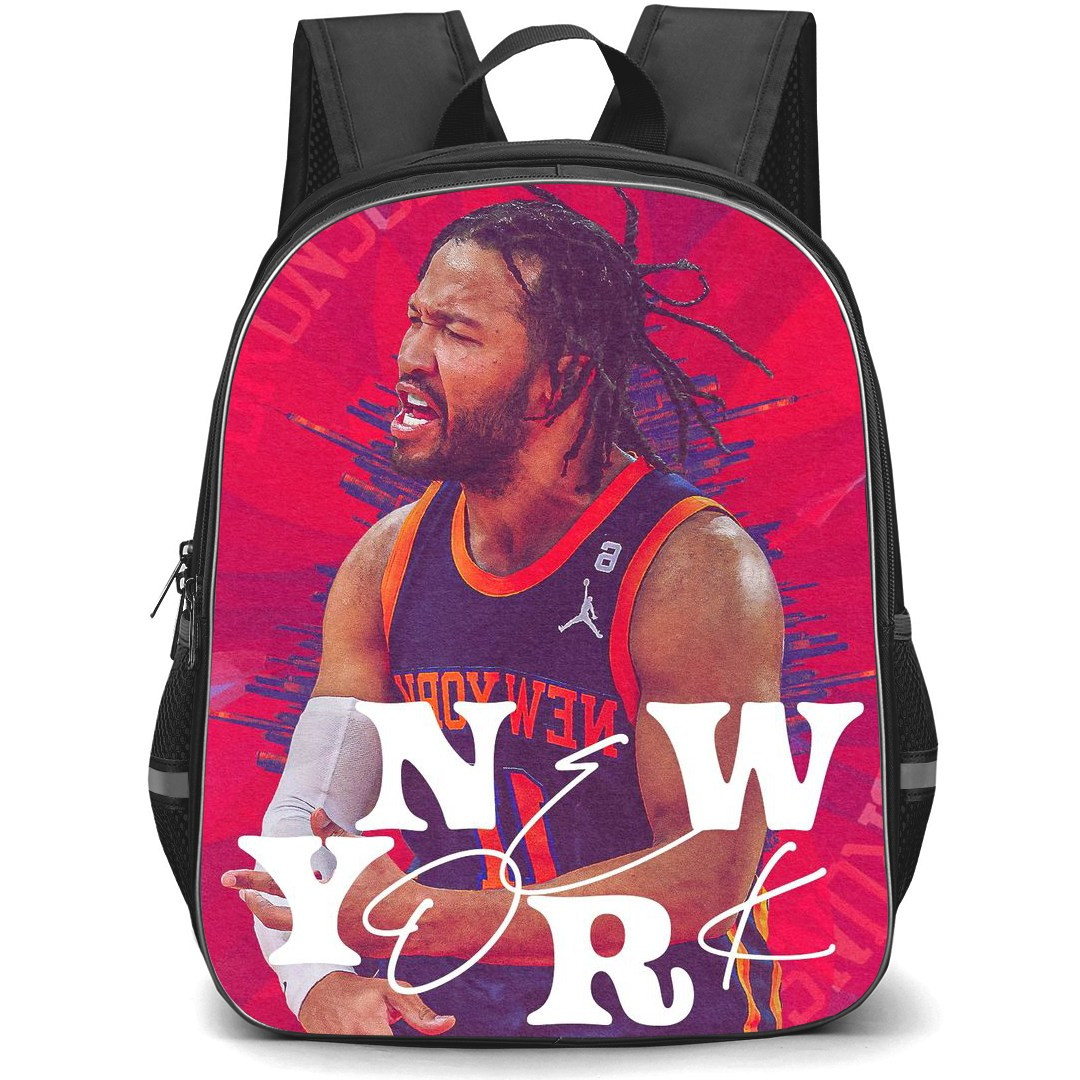 NBA Jalen Brunson Backpack StudentPack - Jalen Brunson 11 New York Knicks Candid Photo On Red Graphic Background