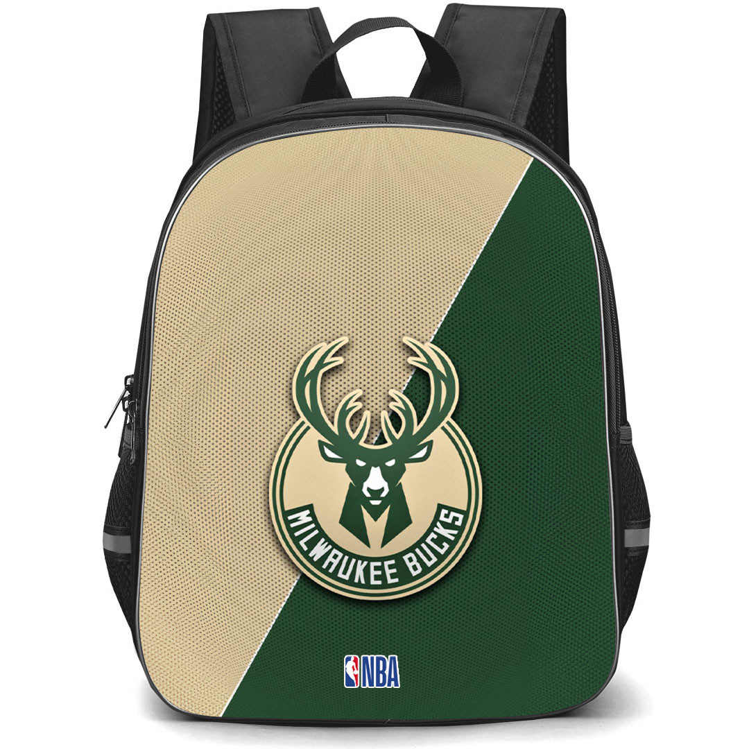 NBA Milwaukee Bucks Backpack StudentPack - Team Logo On Cream And Green Background