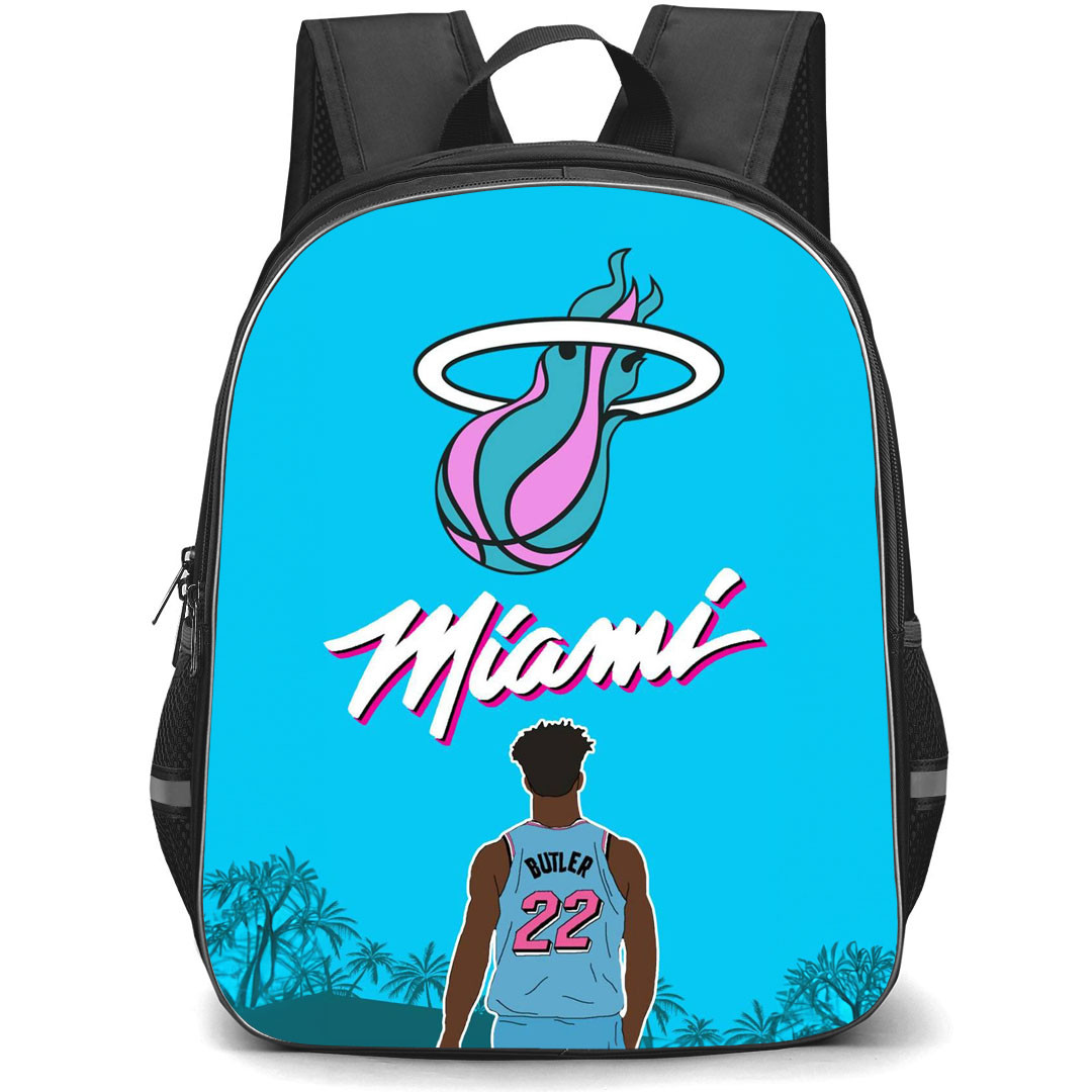 NBA Jimmy Bulter Backpack StudentPack - Jimmy Bulter 22 Back Illustration Miami Heat On Blue Background