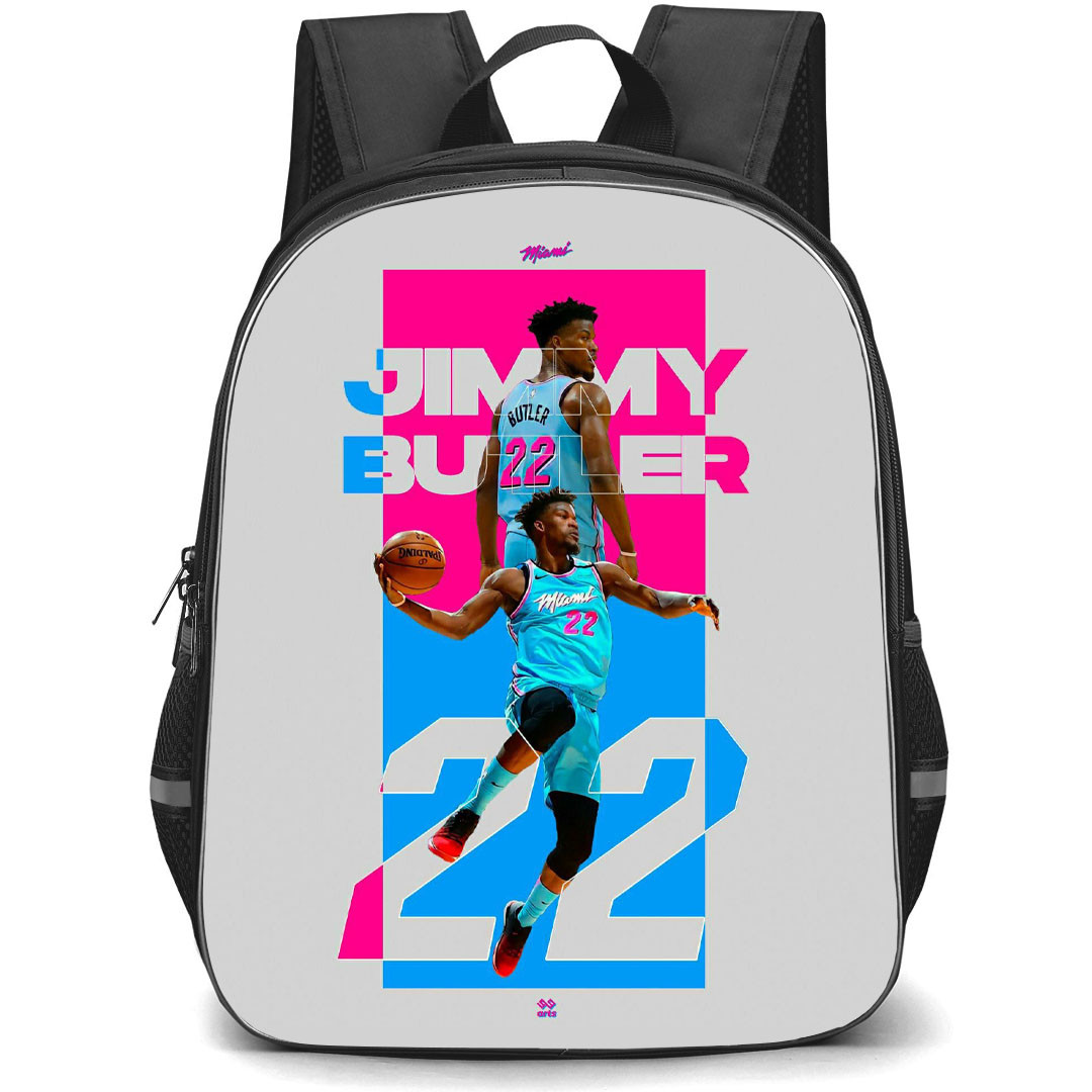 NBA Jimmy Bulter Backpack StudentPack - Jimmy Bulter Miami Heat 22 Dunking On Blue Pink Graphic Art