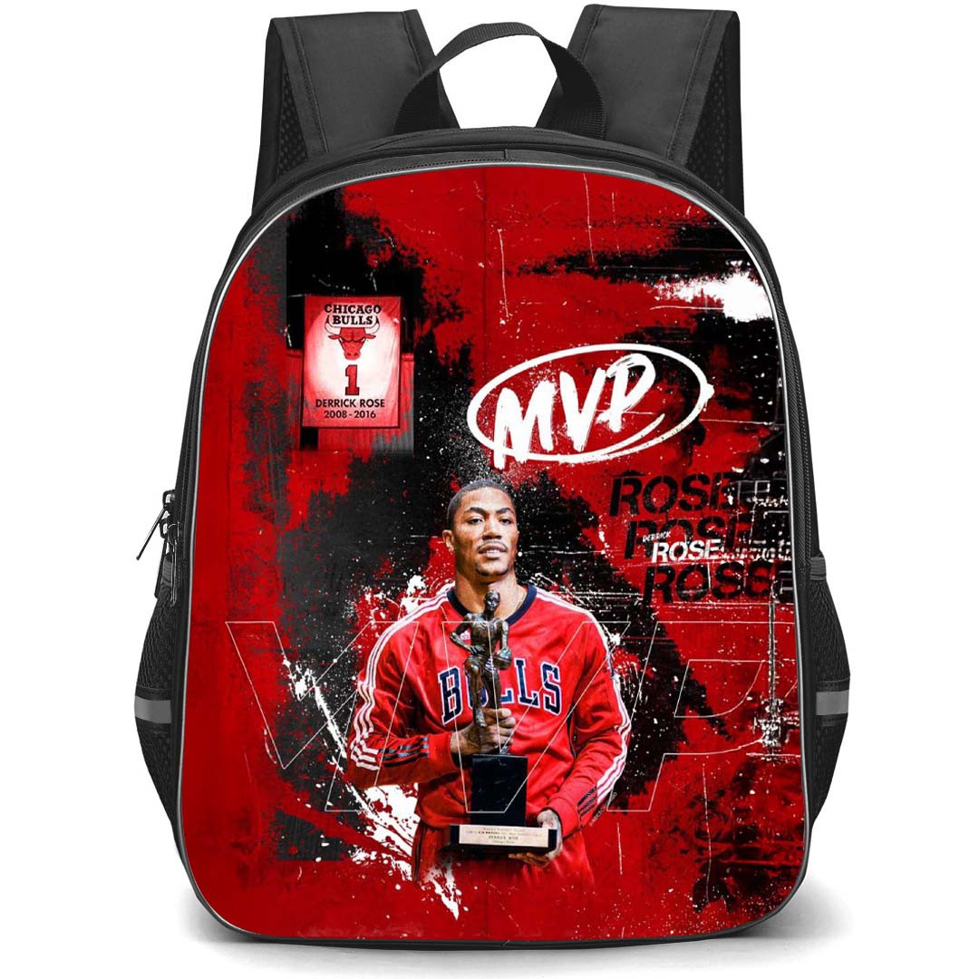 NBA Derrick Rose Backpack StudentPack - Derrick Rose Holding MVP Trophy On Red Black Graphics Background