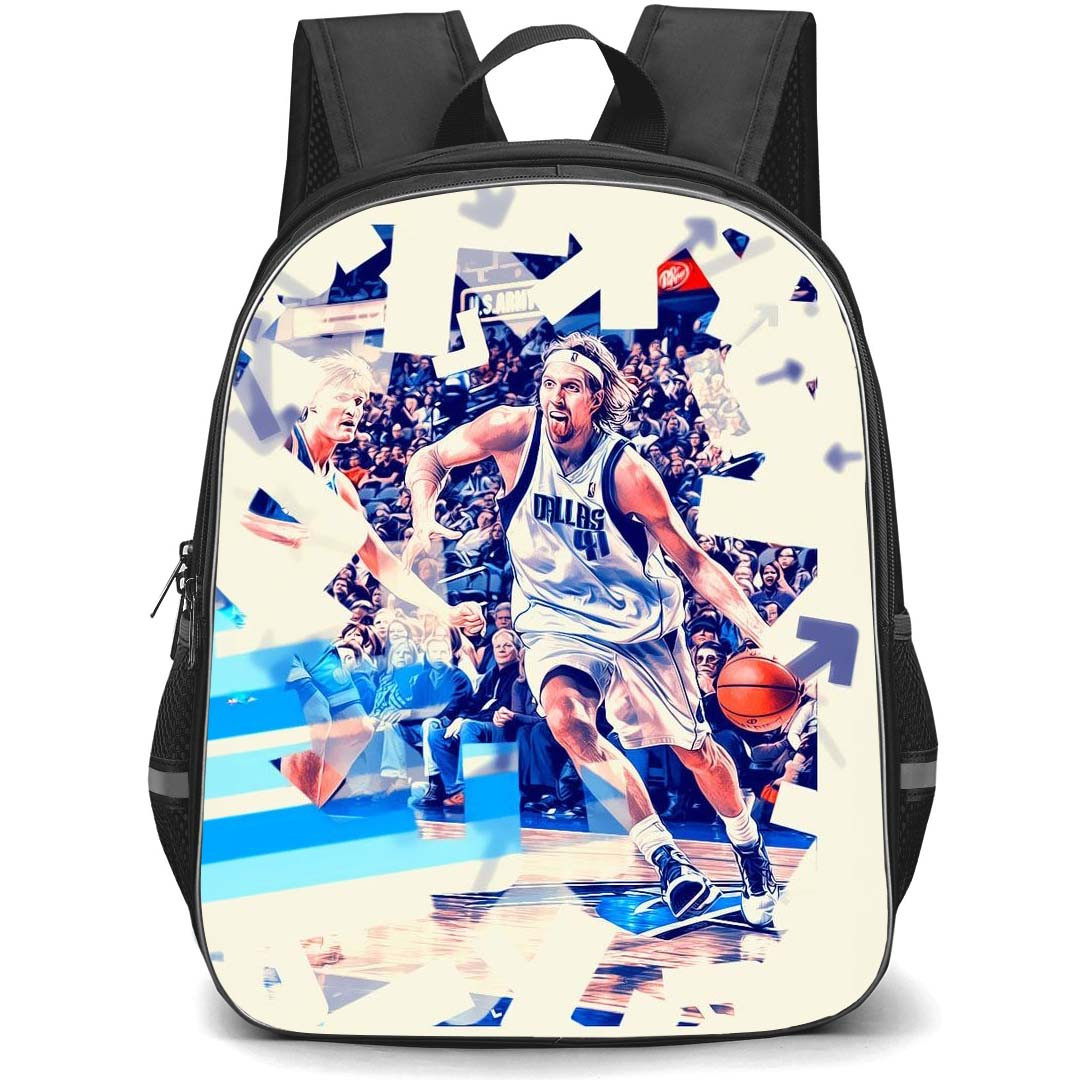 NBA Dirk Nowitzki Backpack StudentPack - Dirk Nowitzki Dallas Mavericks 41 Dribbling On Graphic Art