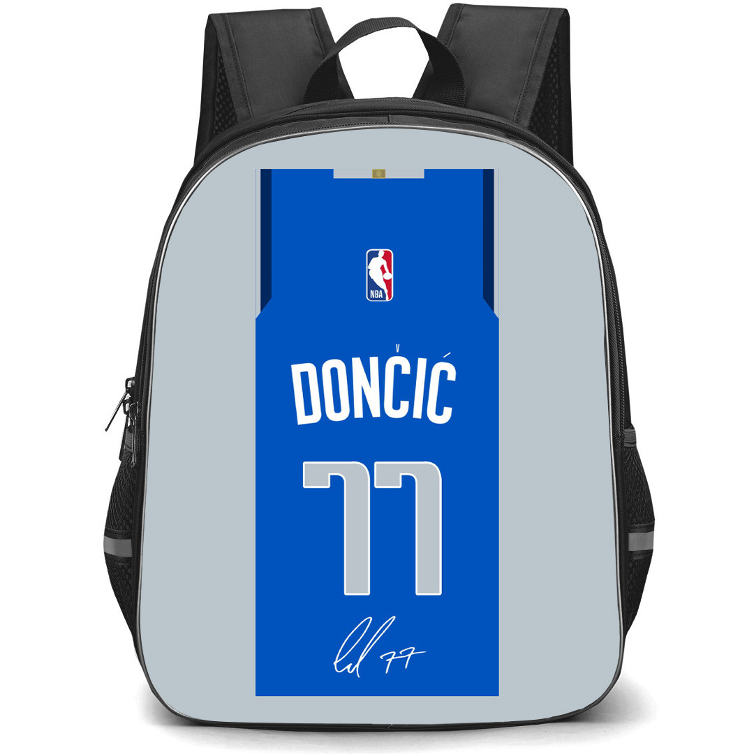 NBA Luka Doncic Backpack StudentPack - Luka Doncic 77 Blue Jersey Sign On Gray Background