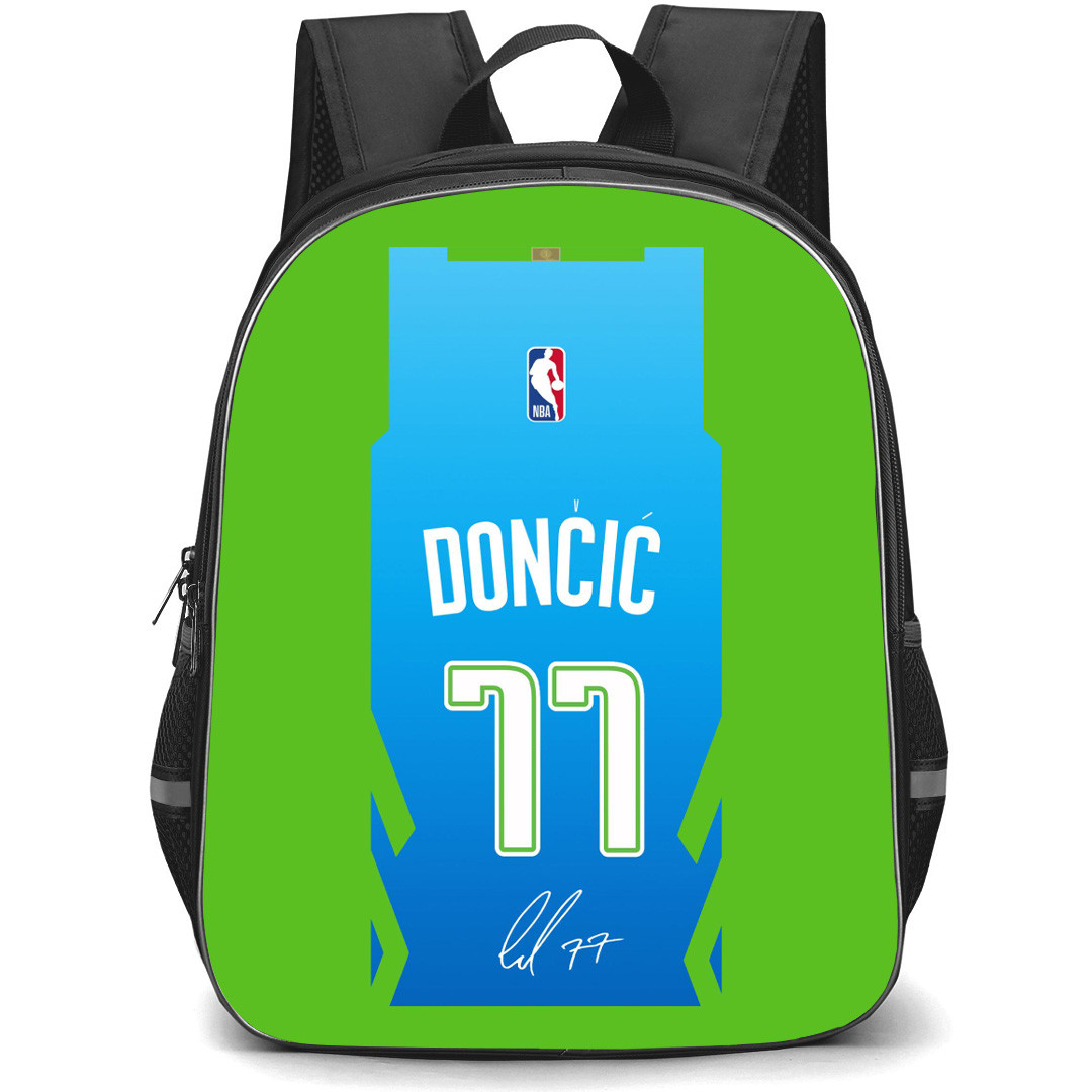 NBA Luka Doncic Backpack StudentPack - Luka Doncic 77 Blue Jersey Sign On Gren Background