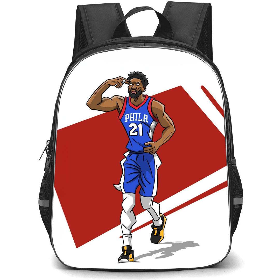 NBA Joel Embiid Backpack StudentPack - Joel Embiid Philadelphia 76ers 21 Celebration Cartoon Illustration