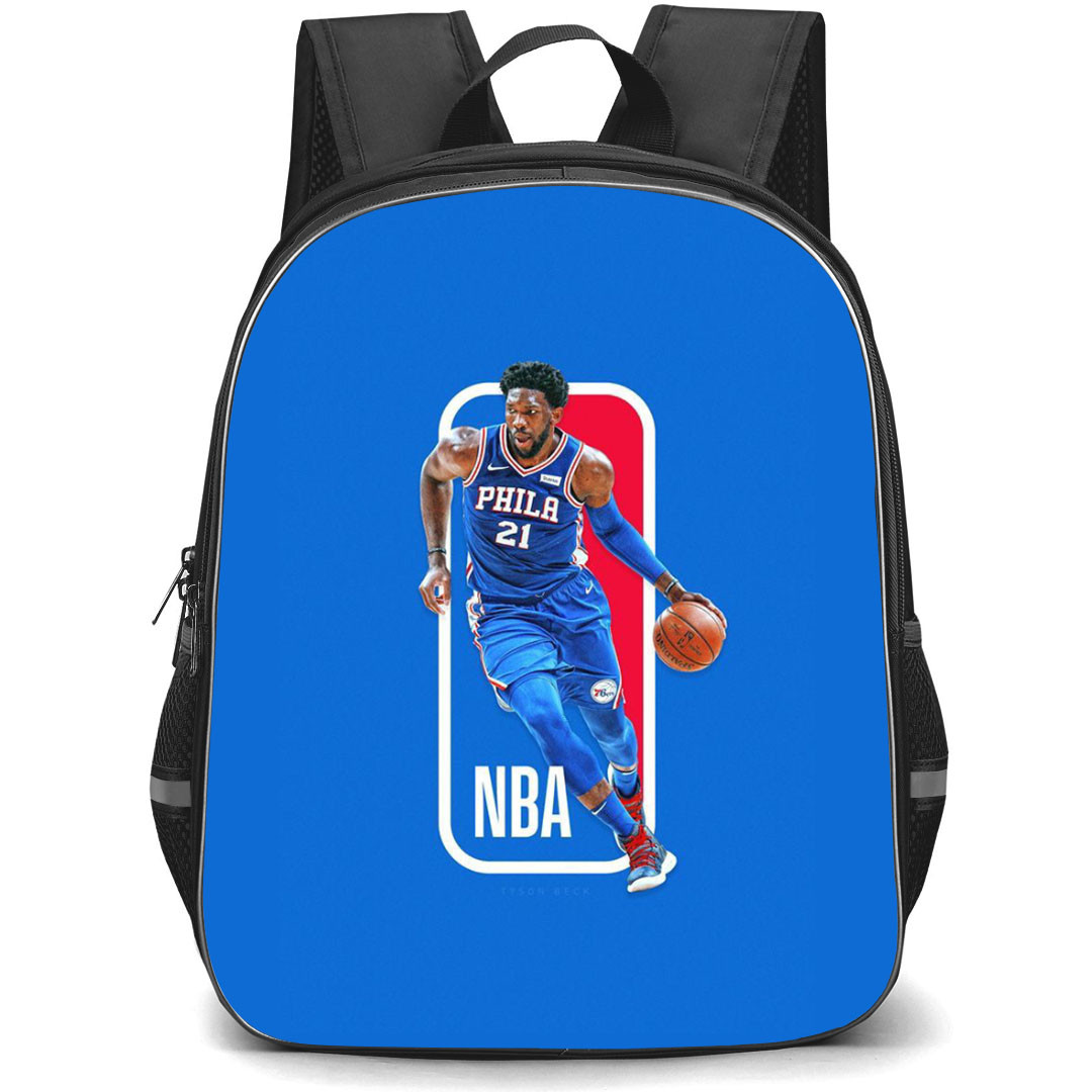 NBA Joel Embiid Backpack StudentPack - Joel Embiid Dribbling On NBA Logo Blue Background