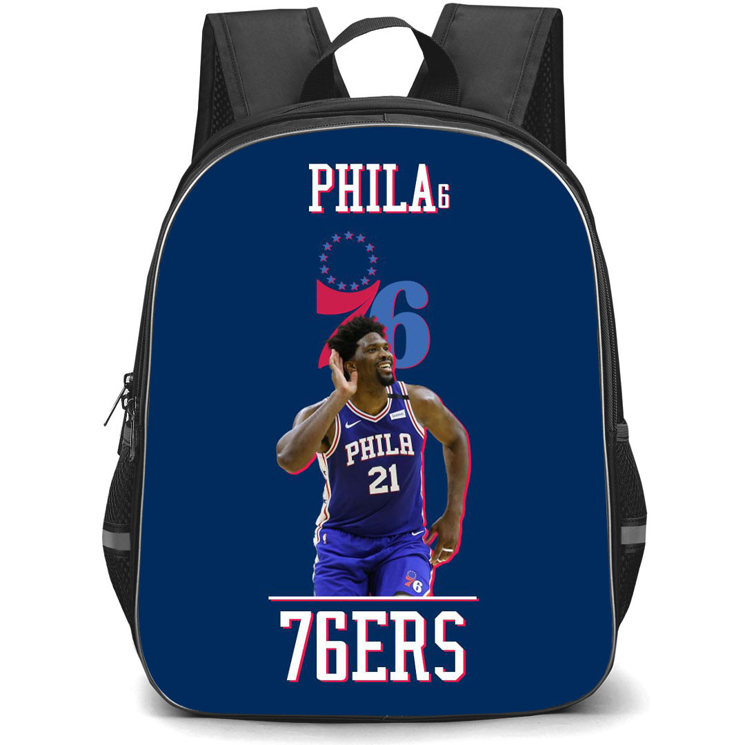 NBA Joel Embiid Backpack StudentPack - Joel Embiid Philadelphia 76ers 21 Signature Celebration On Blue Background
