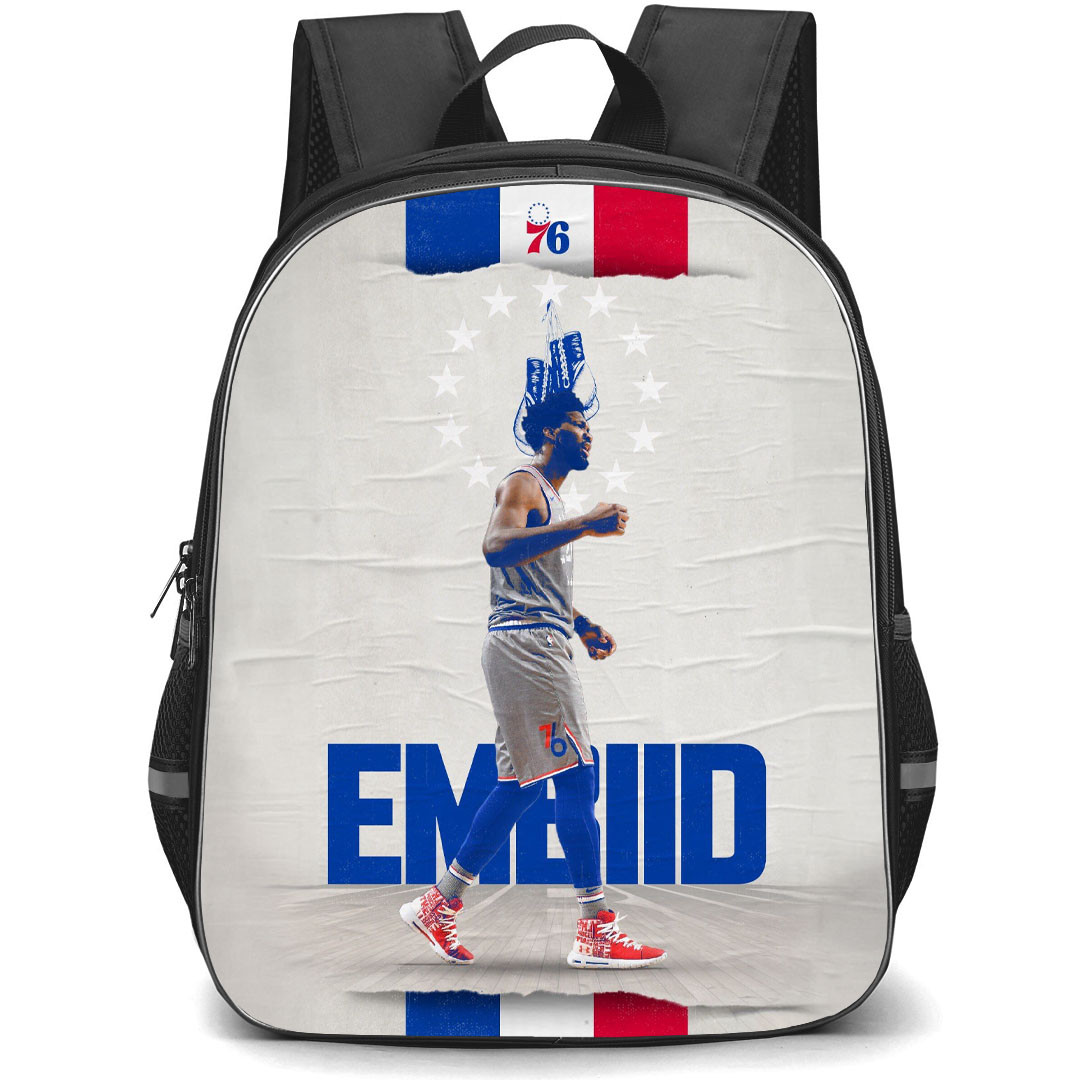 NBA Joel Embiid Backpack StudentPack - Joel Embiid Philadelphia 76ers Standing Poster Art Gray Background
