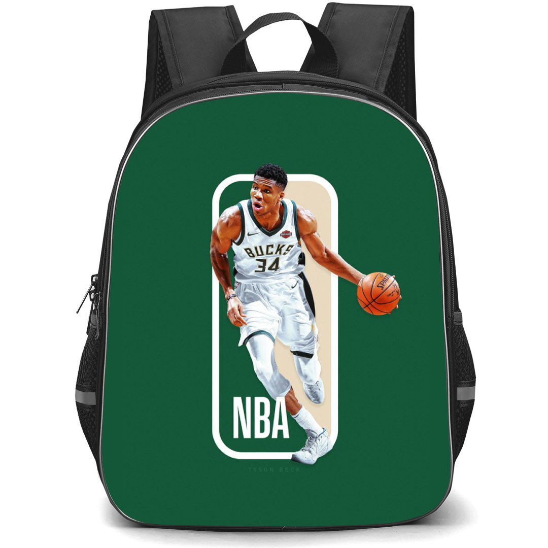 NBA Giannis Antetokounmpo Backpack StudentPack - Giannis Antetokounmpo Dribbling On NBA Logo Green Background