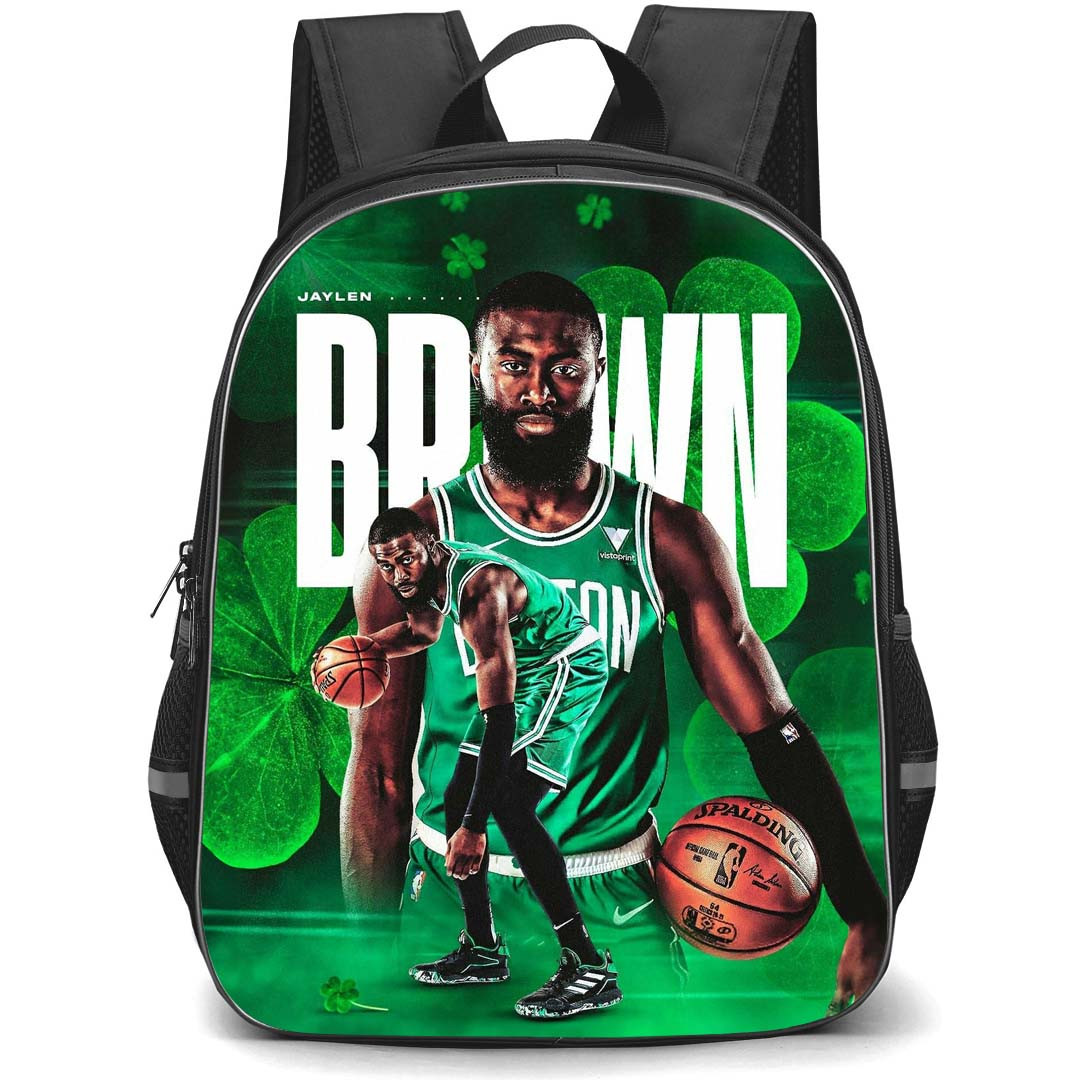 NBA Jaylen Brown Backpack StudentPack - Jaylen Brown Boston Celtics Portrait On Green Leaf Graphic Art