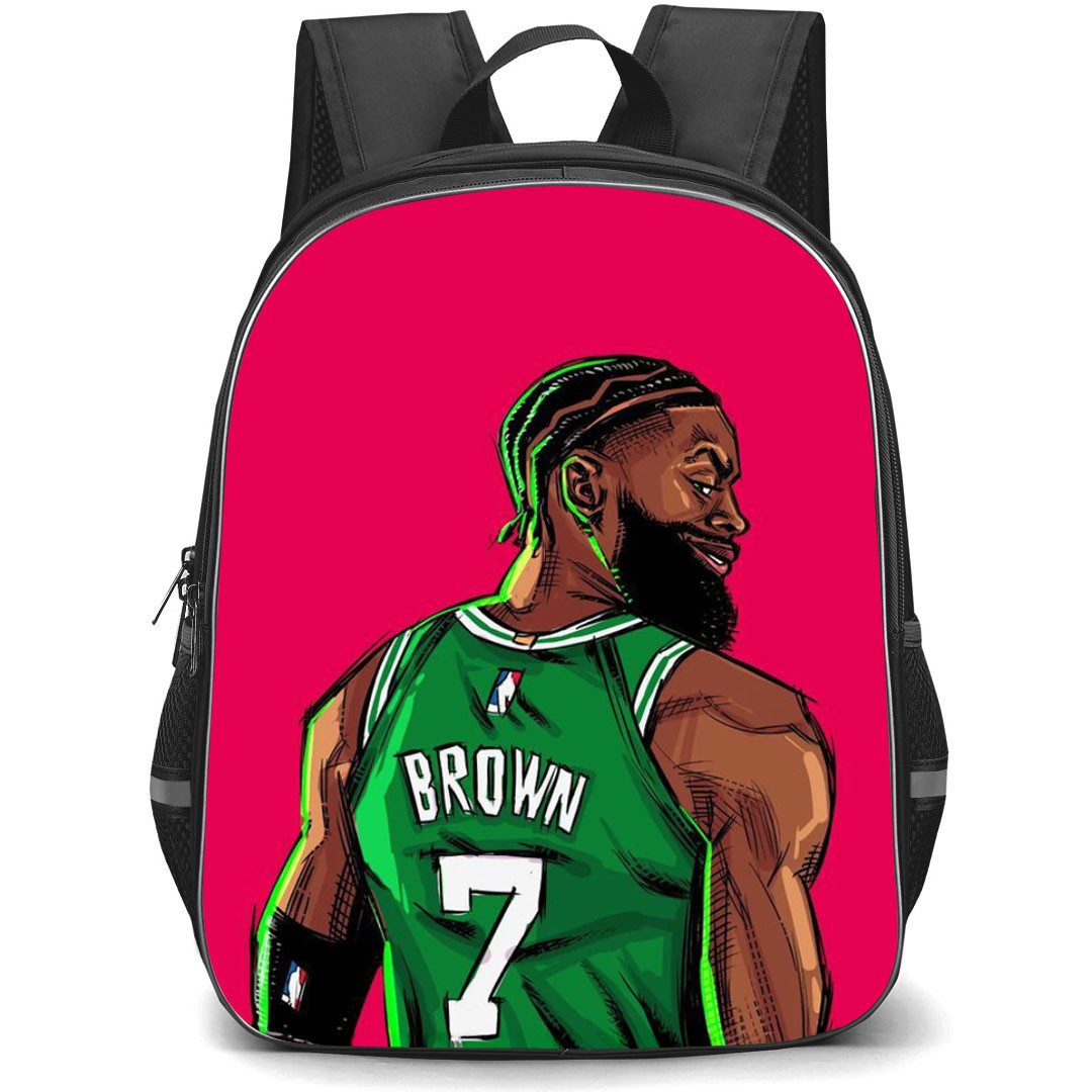 NBA Jaylen Brown Backpack StudentPack - Jaylen Brown Smiling Back Cartoon Art On Red Background