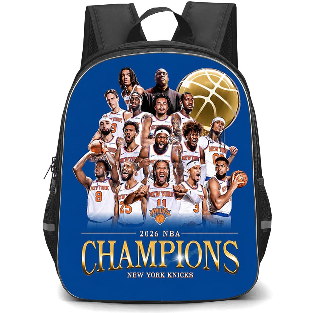 NBA New York Knicks Champions Backpack School Bag StudentPack - New York Knicks 2026 NBA Champions Roster On Blue Background