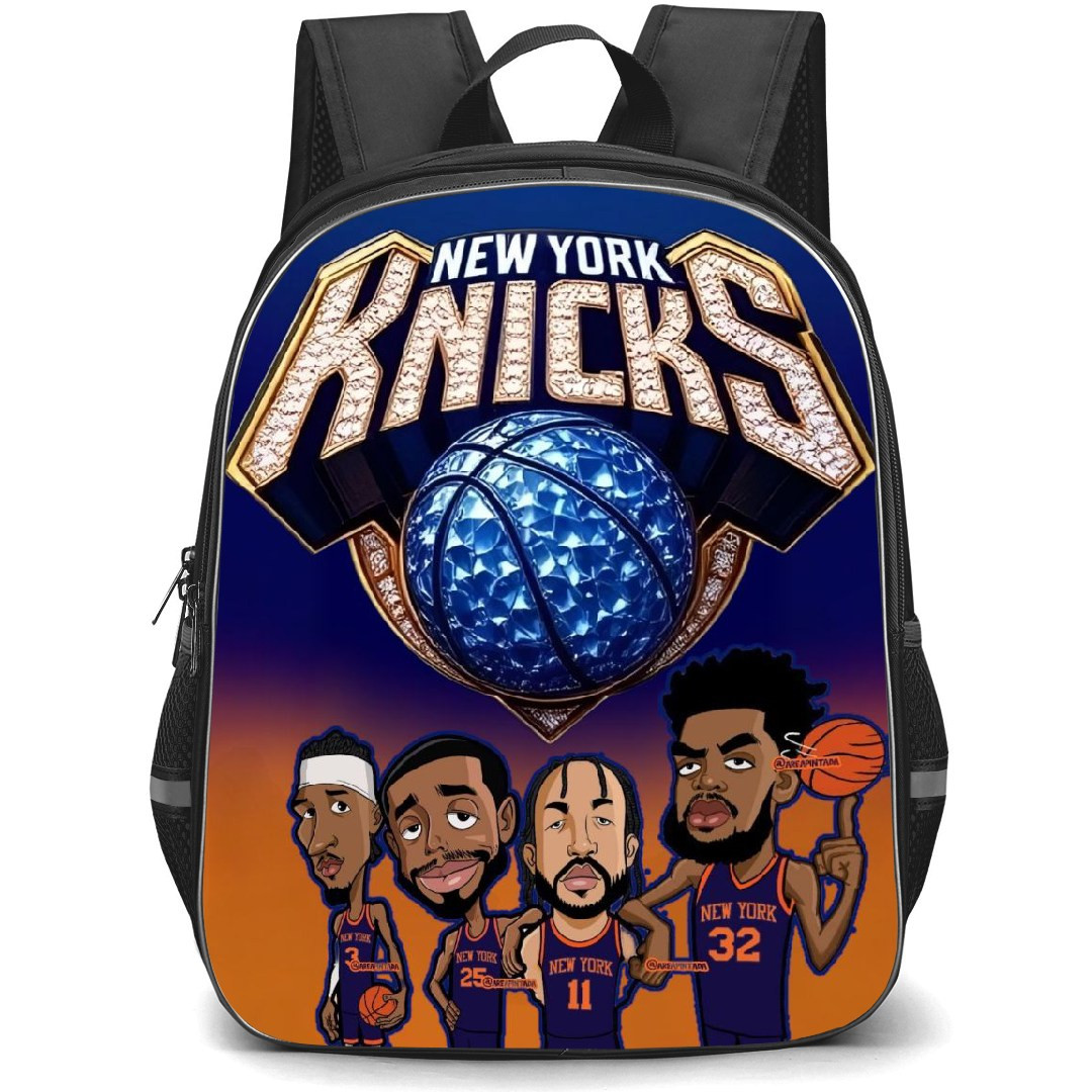 NBA New York Knicks Backpack StudentPack - New York Knicks All 5 Knicks Starters Chibi Art On Orange Blue Background