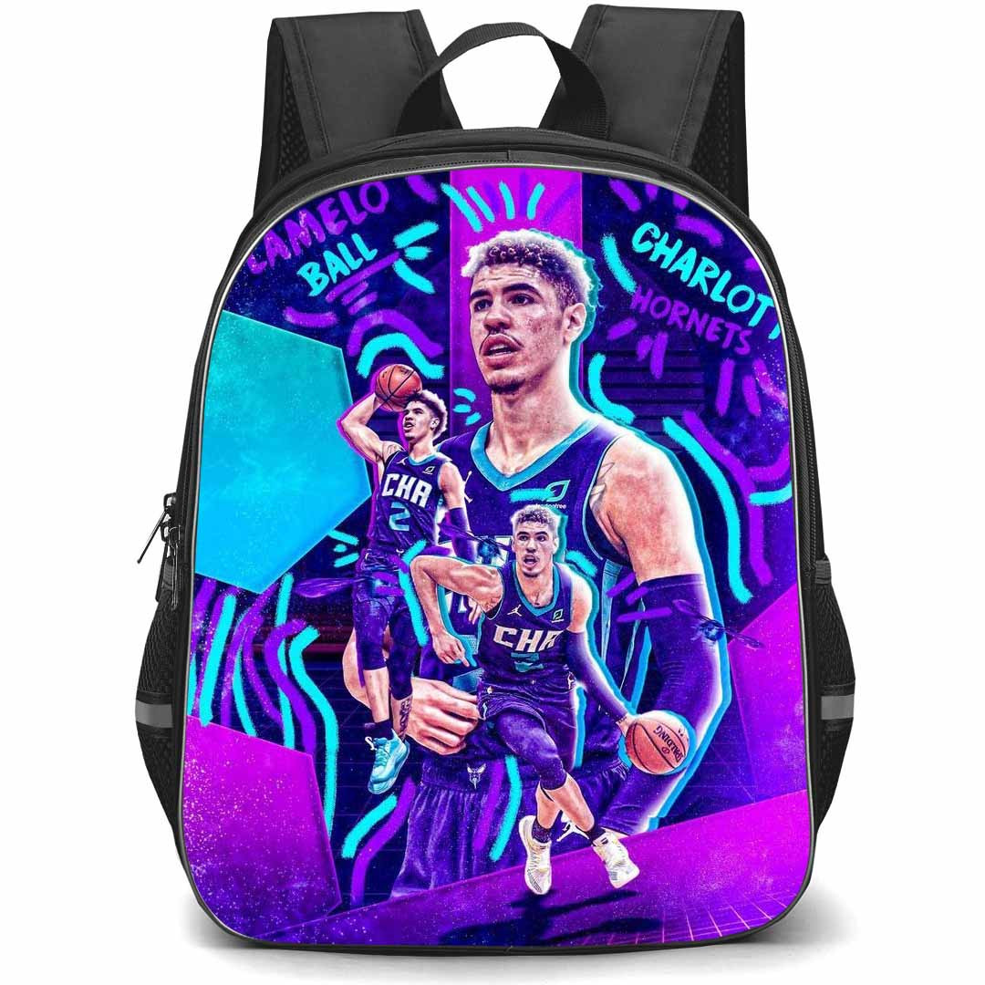 NBA Lamelo Ball Backpack StudentPack - Lamelo Ball Charlotte Hornets 2 The King Dunking Poster Purple And Blue Graphic Art