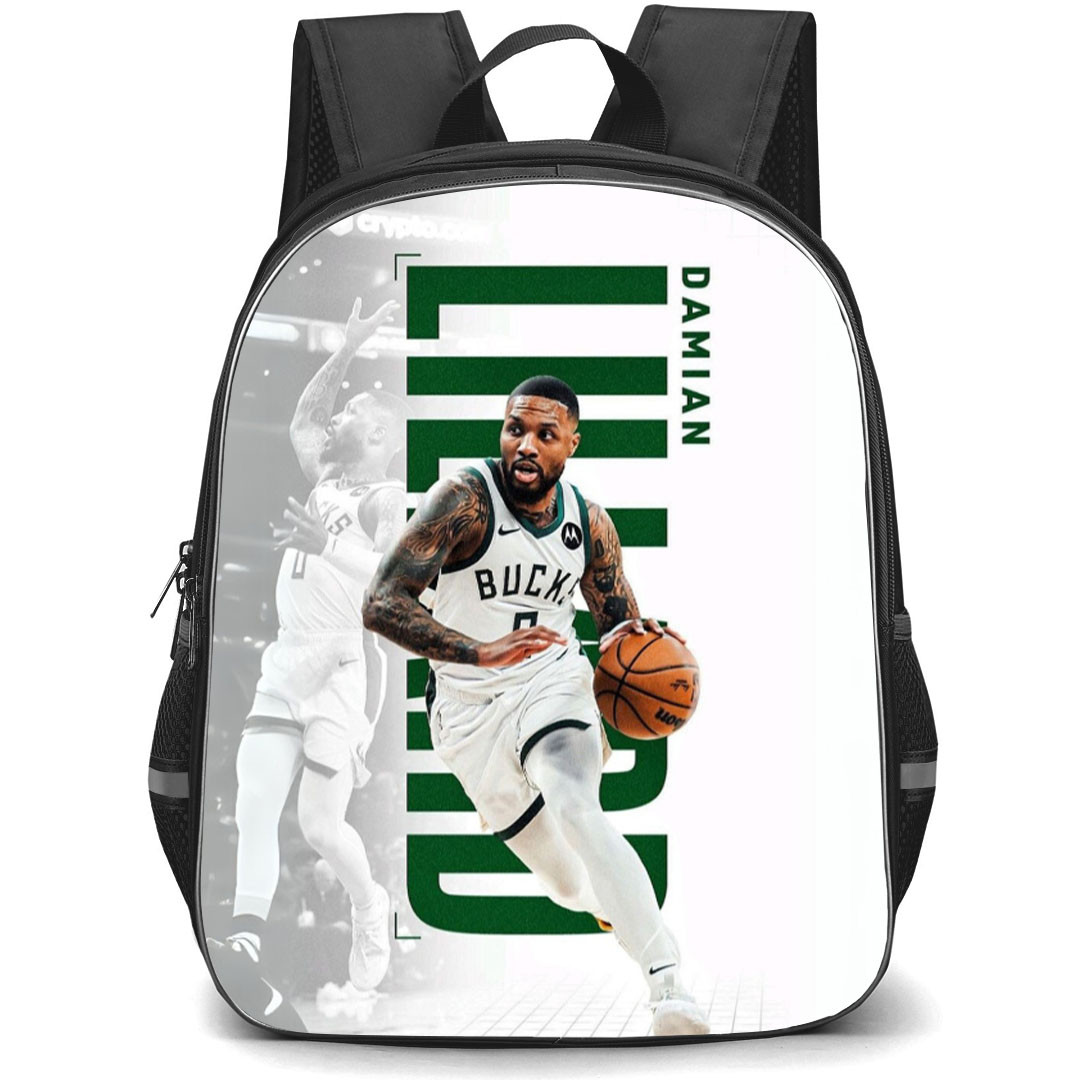 NBA Damian Lillard Backpack StudentPack - Damian Lillard Dribbling On Word Art White Background