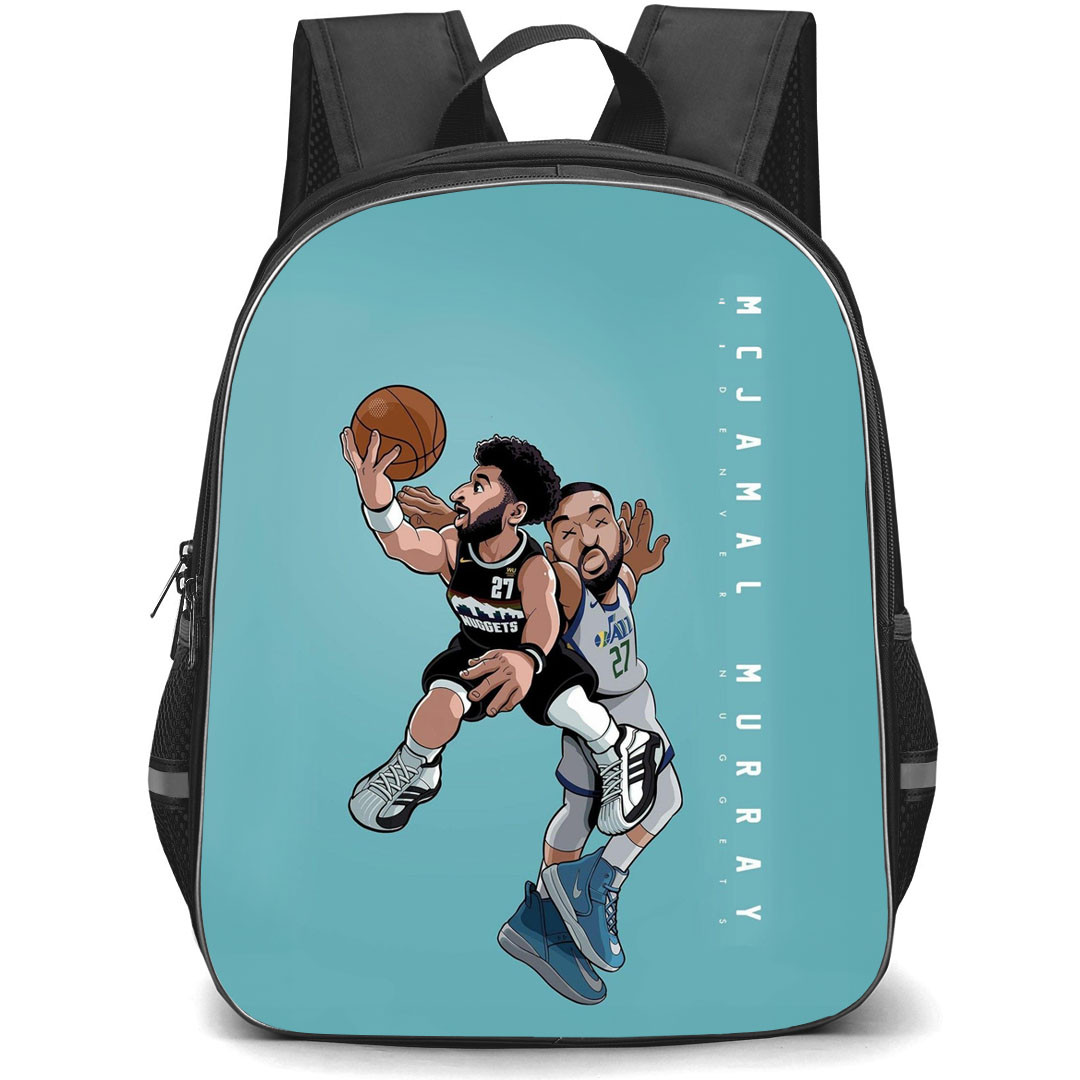 NBA Jamal Murray Backpack StudentPack - Jamal Murray Denver Nuggets 27 Fadeaway Shot Cartoon On Cyan Background