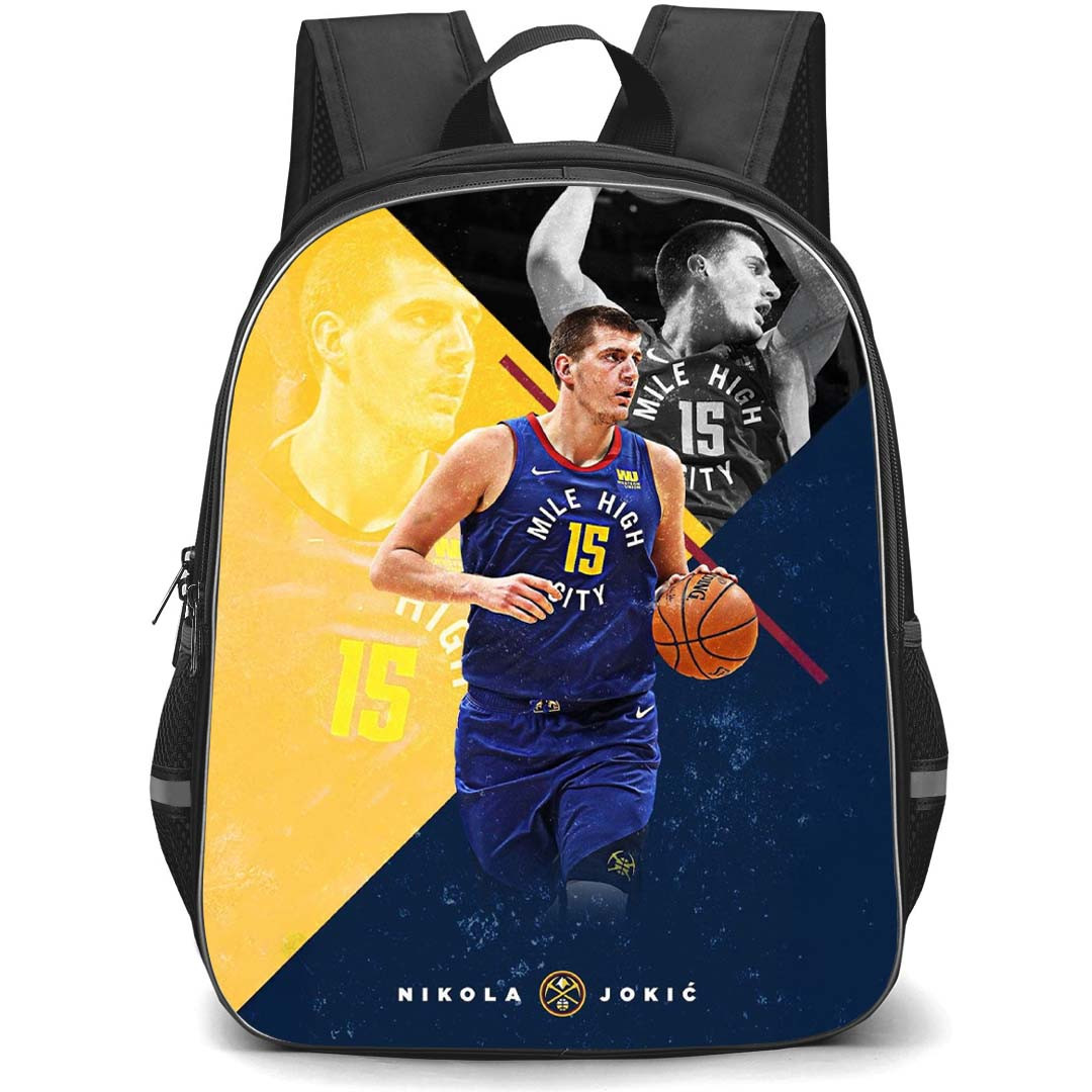 NBA Nikola Jokic Backpack StudentPack - Nikola Jokic Dribbling On Yellow Blue Background