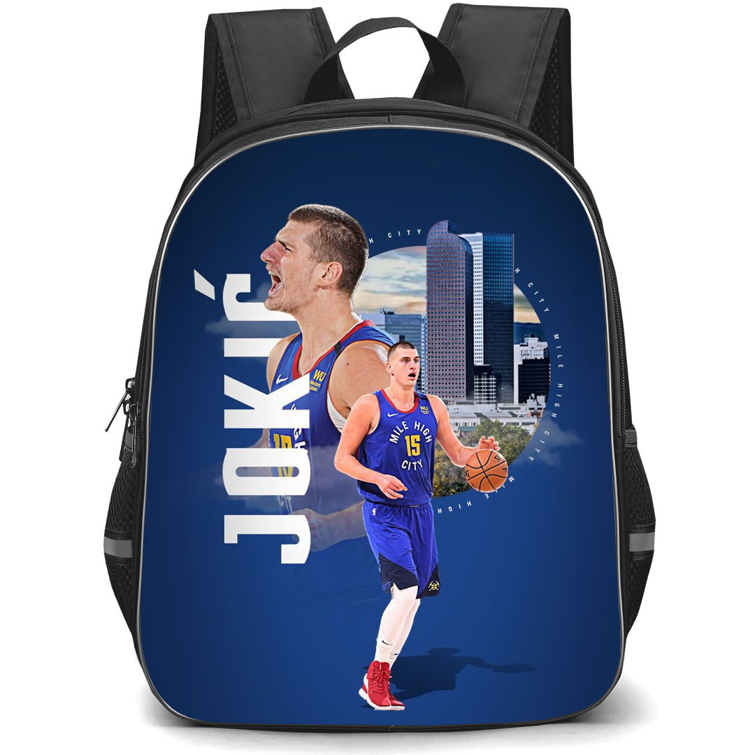 NBA Nikola Jokic Backpack StudentPack - Nikola Jokic Mile High City 15 Standing On Blue City Background
