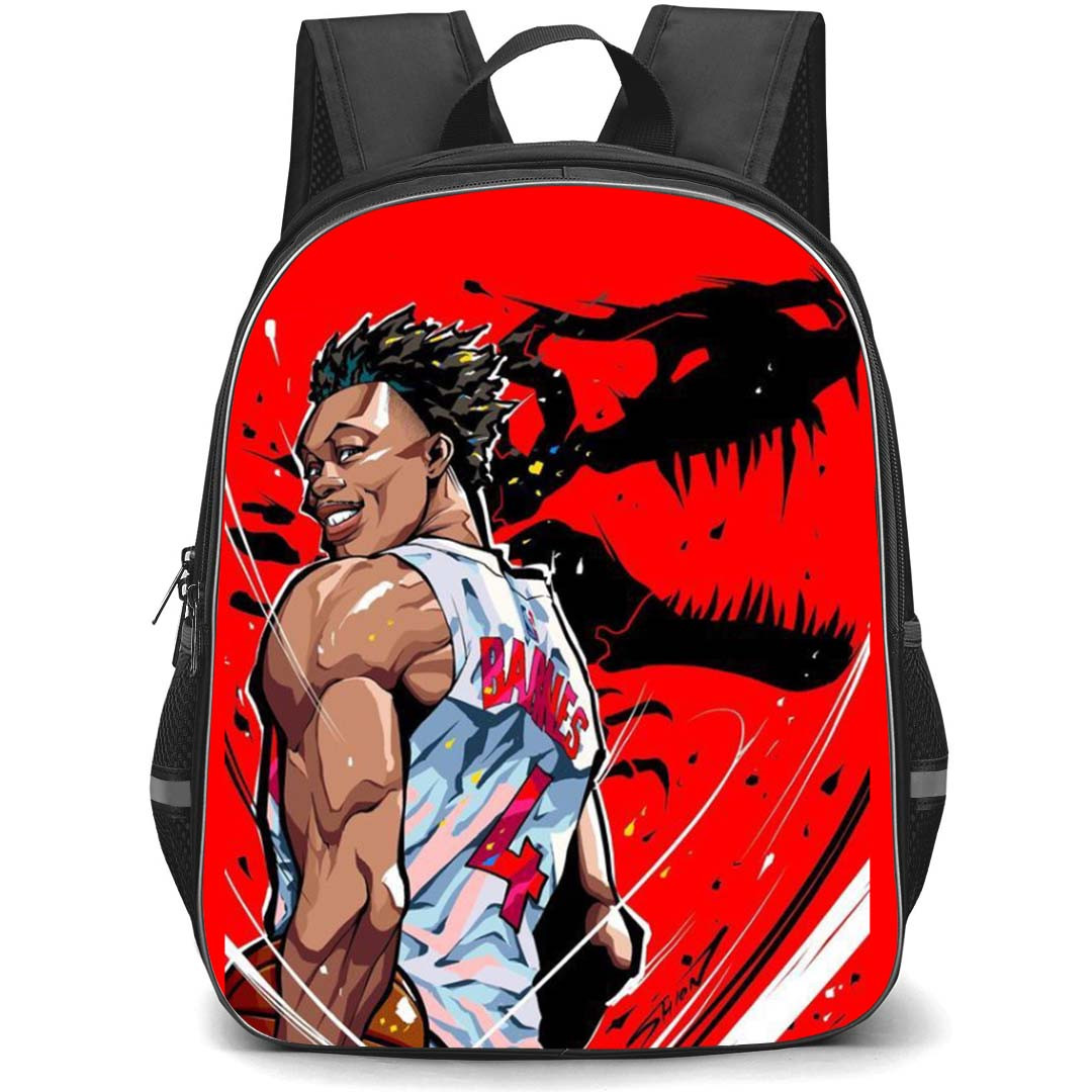 NBA Scottie Barnes Backpack StudentPack - Scottie Barnes Smiling Dinosaur Cartoon Art On Red Background