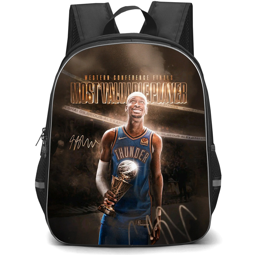NBA Shai Gilgeous-Alexander Backpack School Bag StudentPack - Oklahoma City Thunder Shai Gilgeous Alexander Holding Trophy Gold and Black Background