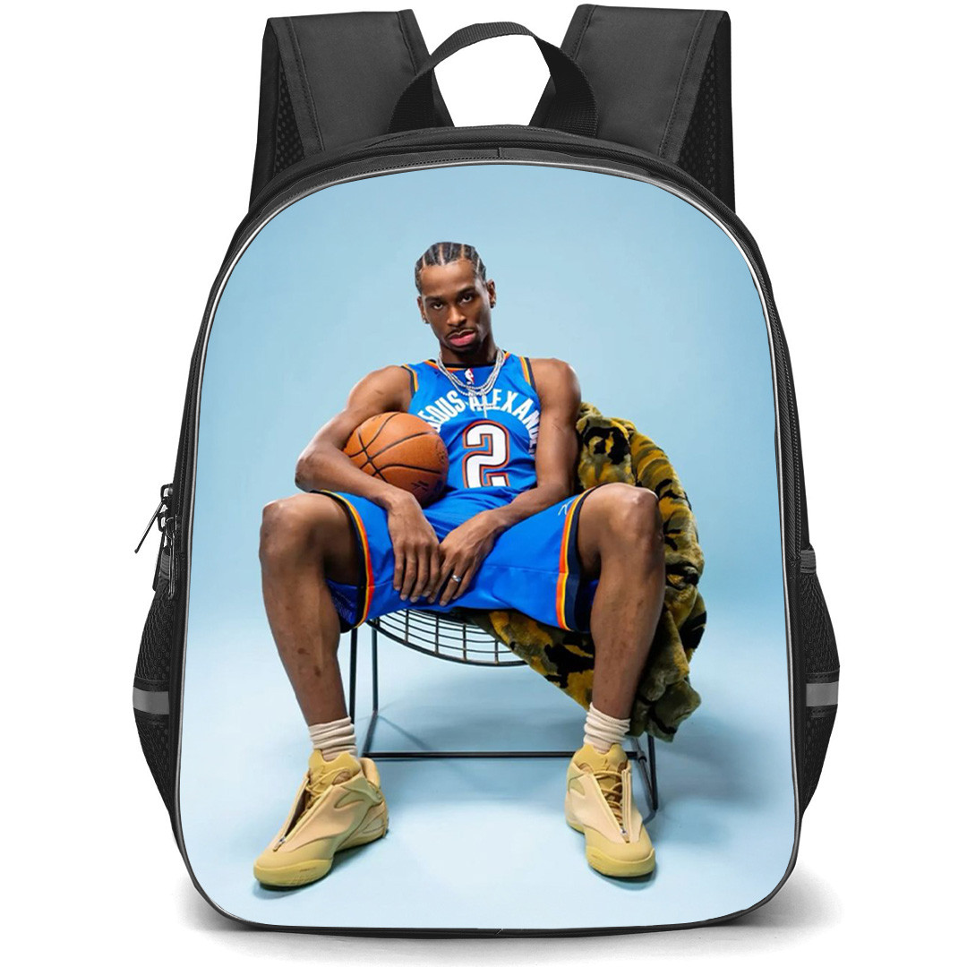 NBA Shai Gilgeous-Alexander Backpack School Bag StudentPack - Oklahoma City Thunder Shai Gilgeous Alexander Sits Holding Ball with Blue Background