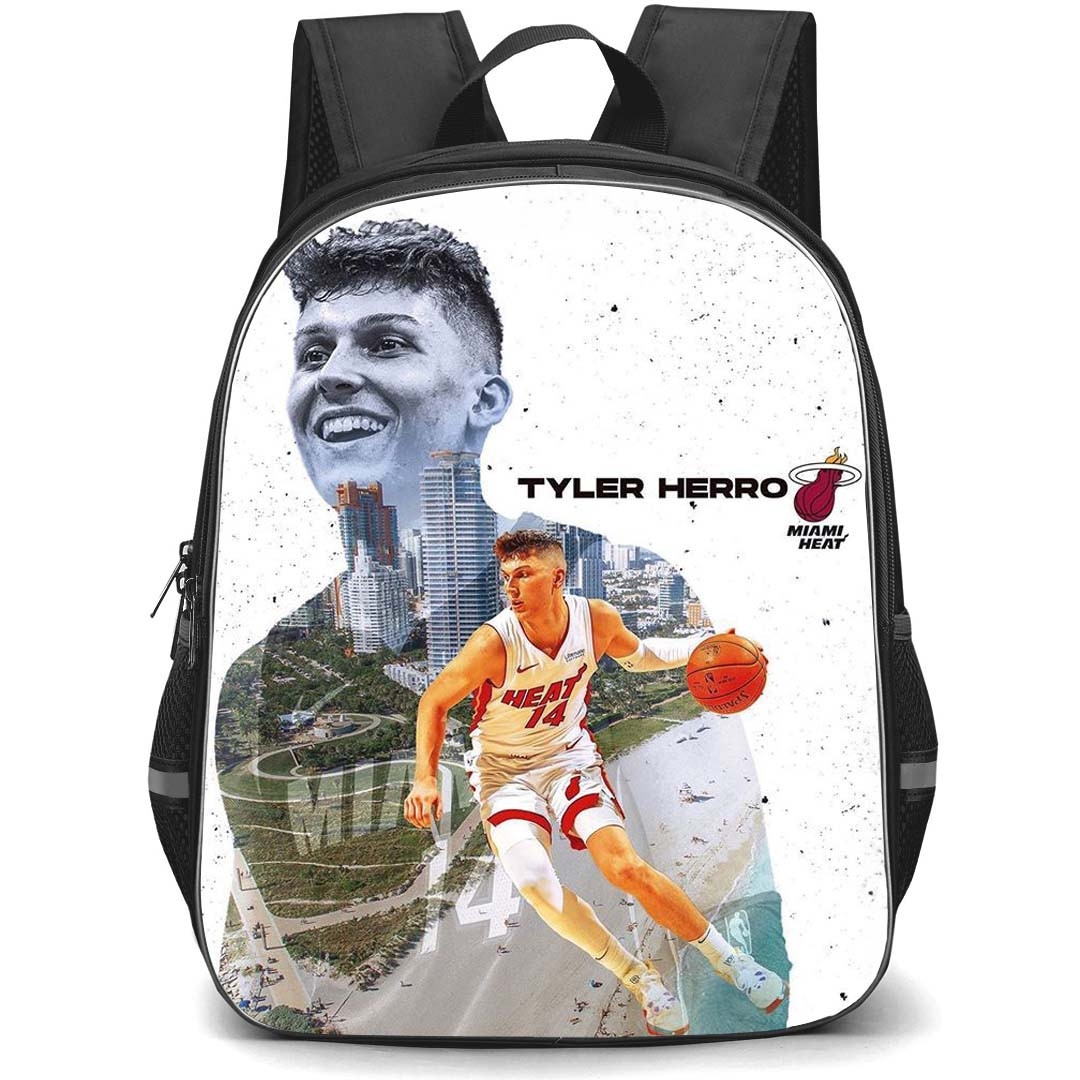 NBA Tyler Herro Backpack StudentPack - Tyler Herro Miami Heat 14 Dribbling On Miami Beach Background